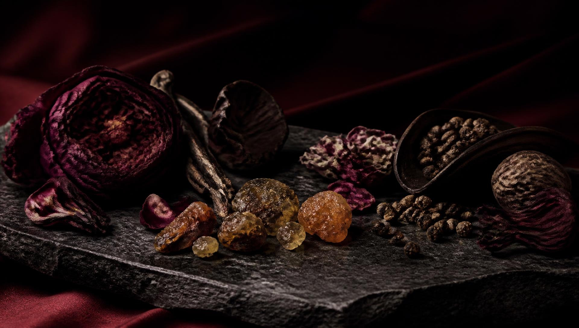 Dried petals, resin and seed pods on a dark stone slab
